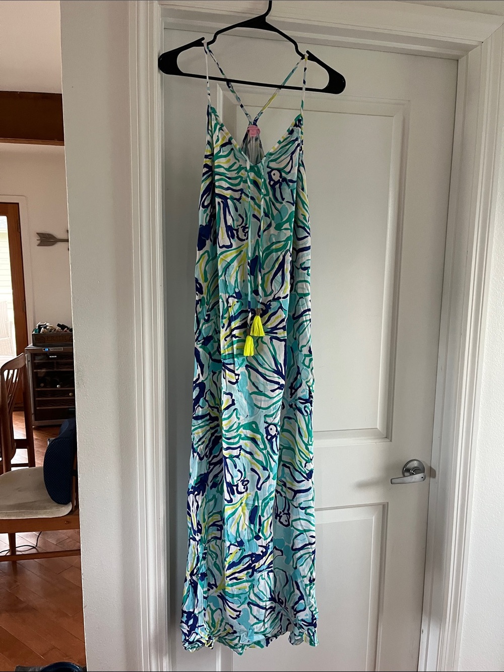 Lilly Pulitzer Aqua, Navy & Lime Printed Maxi Dress with Tassel